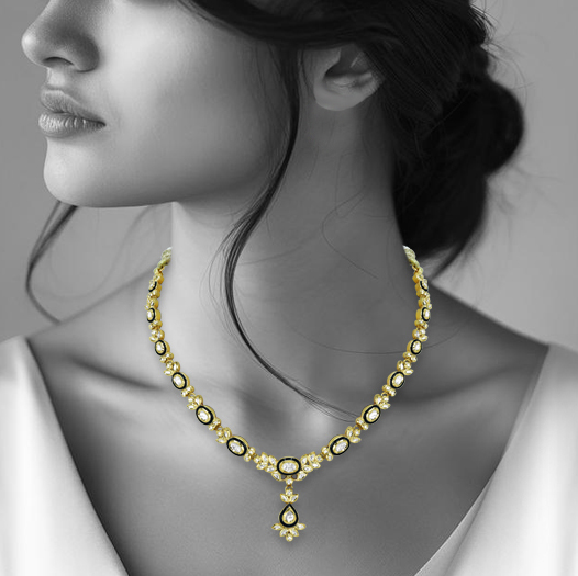 Polki Necklace with Black Meena Oval Motif